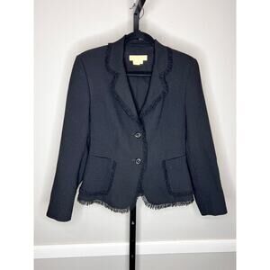 Michael Kors Black Virgin Wool Frayed Trim Chic Blazer Size 8
